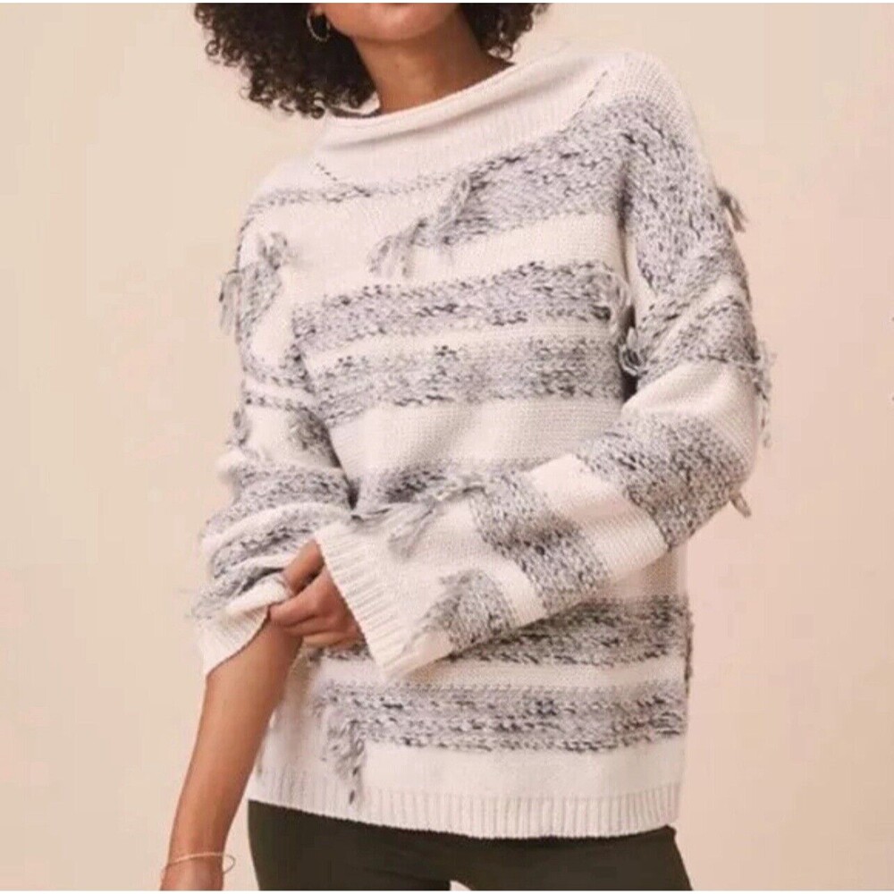 NWOT‎ Lou & Grey Loft Women's Fringe Out Sweater Cream Gray Sz XL Wool Cotton